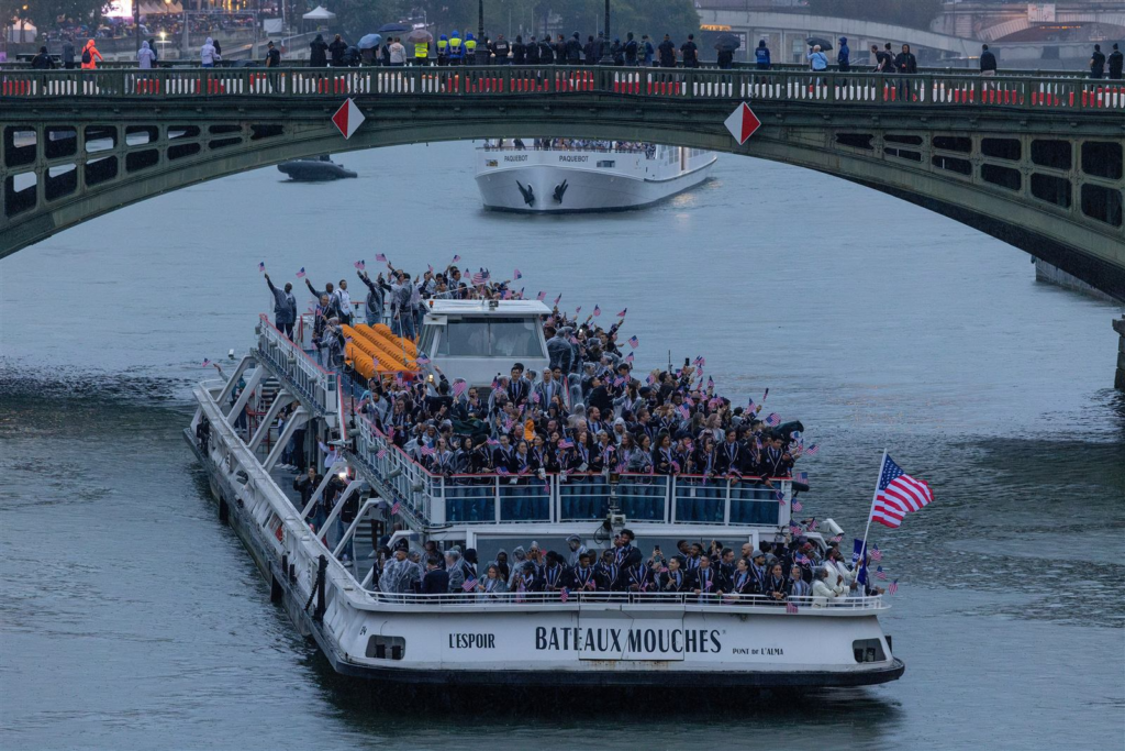 The US Olympic team on a boat on the River Seine during the Paris 2024 opening ceremony